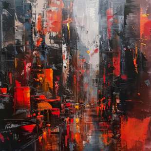 Stadschaos: Abstract Chaotic schilderij in Rood, Zwart, Grijs foto 1